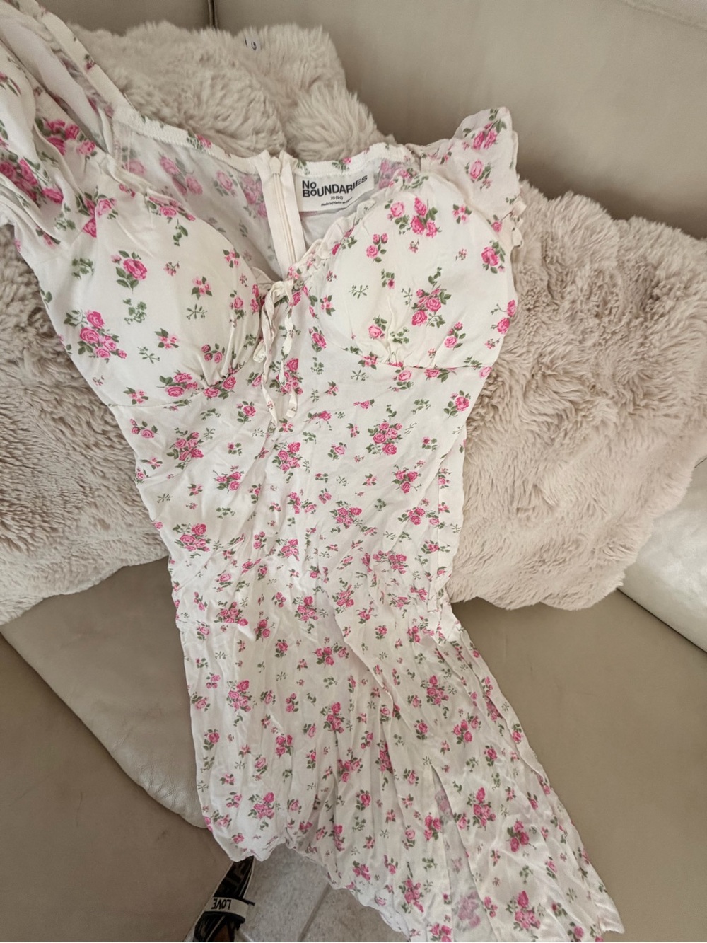No Boundaries White Floral Pink Rose Ruffle Sundress